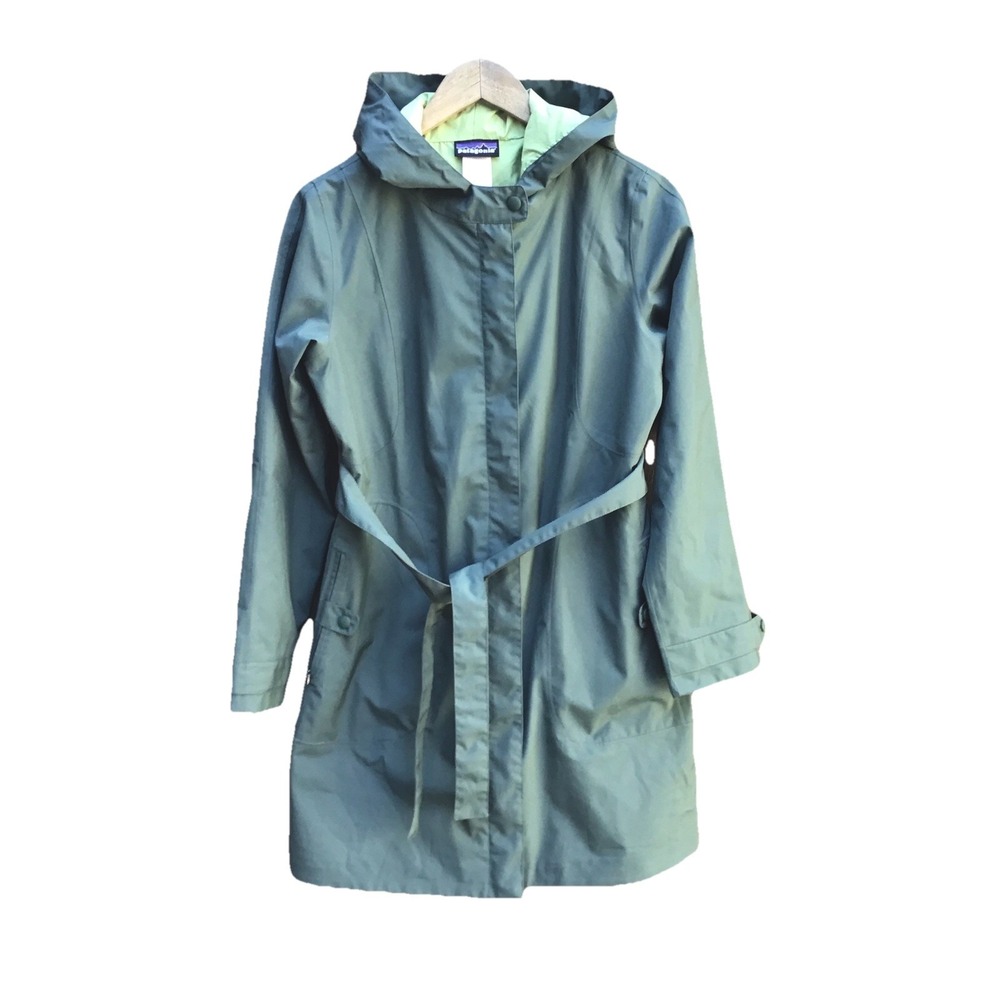 Patagonia Arborist Trench Coat Women's Small Green Hooded Rain Jacket Belted